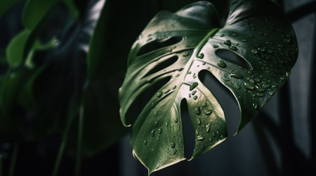 Closeup of Monstera tropical plant leaves with rain drops. Green natural backdrop. Generative AIの素材