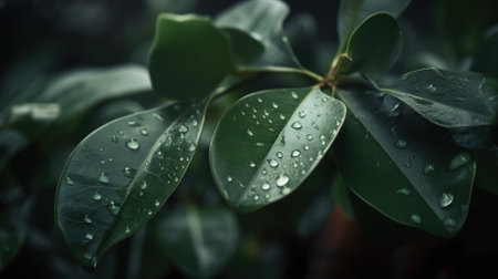 Closeup of ficus tropical plant leaves with rain drops. Green natural backdrop. Generative AI.の素材