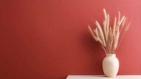 Vase with decorative plant branch against red wall background. Minimalist interior mockup. Generative AI.の素材