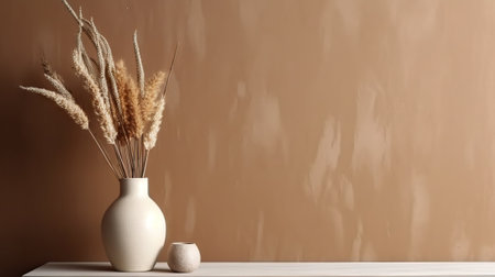 Vase with decorative dry plant branch against beige wall background. Minimalist interior mockup. Generative AI.の素材