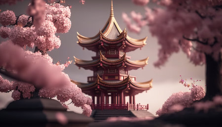 Cherry blossom and japanese traditional temple. Sakura flowers. Generative AI.の素材