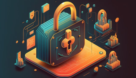 Cyber lock and key abstract illustration. Cyber security concept. Generative AI.の素材