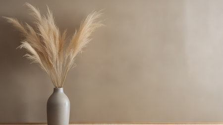 Vase with decorative dry plant branch against beige wall background. Minimalist interior mockup. Generative AI.の素材