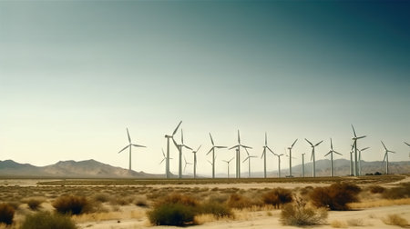 Wind turbines in the desert. Renewable energy concept with sand dunes. Generative AI.の素材