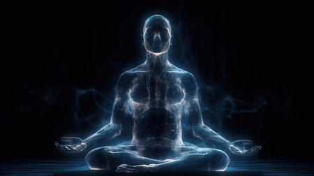 Human meditate in lotus pose with blue energy flow through his body. Transcendental yoga or prayer. Generative AI.の素材