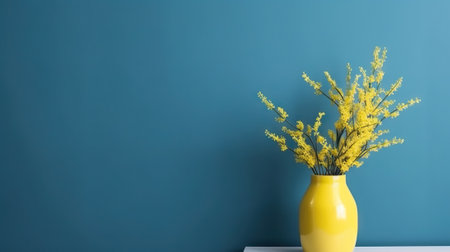 Vase with decorative plant branch against blue wall background. Minimalist interior mockup. Generative AI.の素材