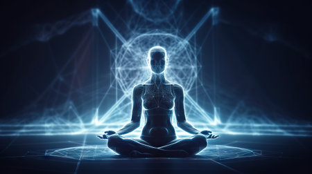 Human meditate in lotus pose with blue energy flow through his body. Transcendental yoga or prayer. Generative AI.の素材