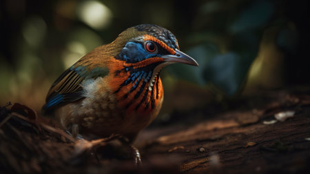 Gurney Pitta bird on floral blurry background. Generative AI.の素材