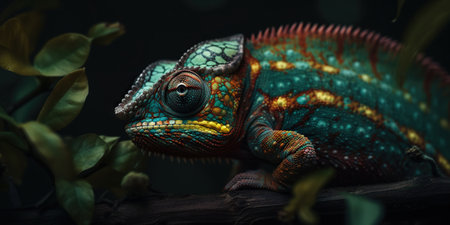Colorful chameleon isolated on leaves background. Lizard on the green leaves. Generative AI.の素材