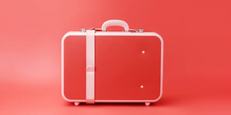 Red travel suitcase, on red background. Trip concept. Generative AI.の素材