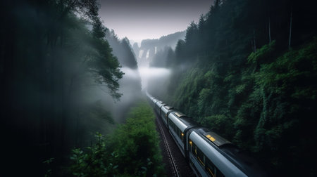 Speed passenger train moving in the mist mountains covered with forest. Generative AI.の素材