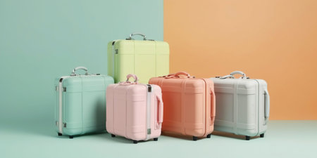 Pastel colored scene with travel suitcases, on uniform background. Trip concept. Generative AI.の素材