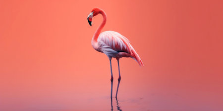Flamingo profile on a red uniform background. Beautiful colorful bird. Generative AI.の素材