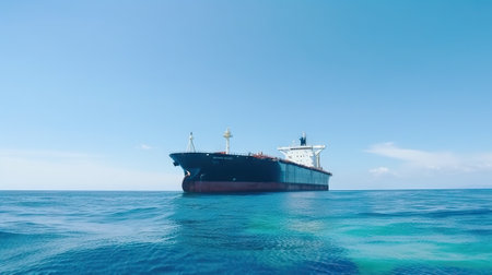 Low angle view on huge fuel tanker ship in the sea. Generative AI.の素材