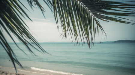 Tropical summer seascape with palm leaves, beach and paradise ocean. Vacation and travel backdrop. Generative AI.の素材