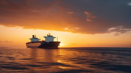 Low angle view on huge fuel tanker ship in the sea on sunset. Generative AI.の素材