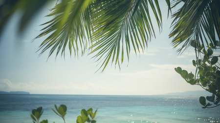 Tropical summer seascape with palm leaves, beach and paradise ocean. Vacation and travel backdrop. Generative AI.の素材
