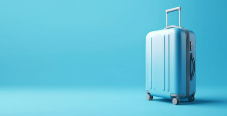 Blue travel suitcase with wheels, on blue background. Trip concept. Generative AI.の素材
