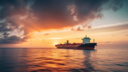 Low angle view on huge fuel tanker ship in the sea on sunset. Generative AI.の素材