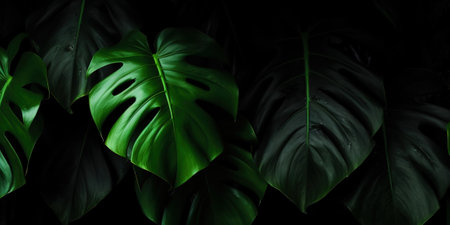 closeup nature view of green leaf and palms background. Flat lay, dark nature concept, tropical leaf. Generative AI.の素材