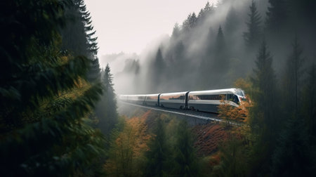 Speed passenger train moving in the mist mountains covered with forest. Generative AI.の素材