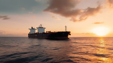 Low angle view on huge fuel tanker ship in the sea on sunset. Generative AI.の素材