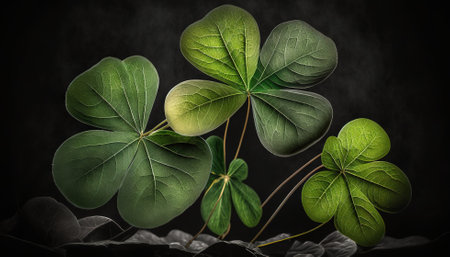 Green clover leaf with four petals. St. Patrick's day. Generative AI.の素材