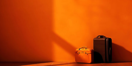 Orange travel suitcase, on orange background. Trip concept. Generative AI.の素材