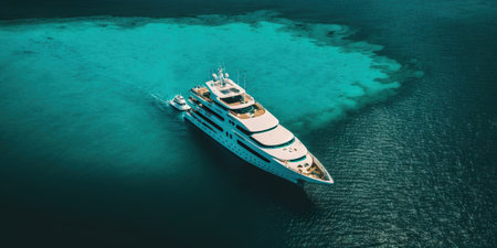 Top view on luxury yacht in paradise turquoise ocean water. Generative AI.の素材