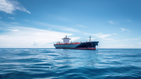 Low angle view on huge fuel tanker ship in the sea. Generative AI.の素材