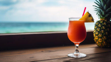 Bay Breeze cocktail on background with blue sea and sky tropical background. Generative AI.の素材