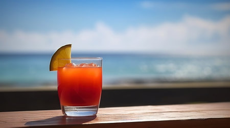 Rum Runner cocktail on background with blue sea and sky tropical background. Generative AI.の素材