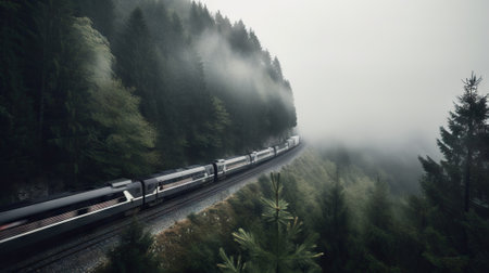 Speed passenger train moving in the mist mountains covered with forest. Generative AI.の素材