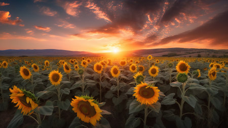 Panoramic field of sunflowers on sunset. Generative AI.の素材