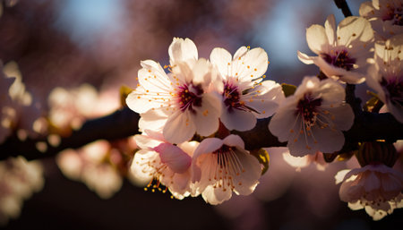 Close up of sakura flowers branch on a sunny day. Cherry blossom flowers. Generative AI.の素材