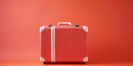 Red travel suitcase, on red background. Trip concept. Generative AI.の素材