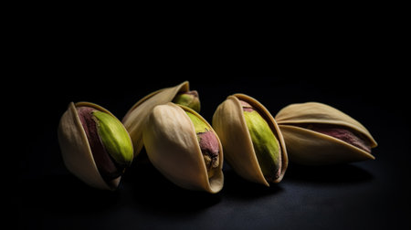 Pistachios on dark background. Nuts. Green fresh inshell pistachios. Generative AI.の素材