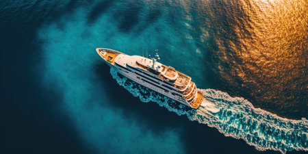 Top view on luxury yacht in paradise turquoise ocean water. Generative AI.の素材