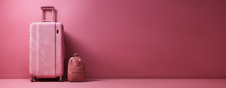 Pink travel suitcase, on pink background. Trip concept. Generative AI.の素材
