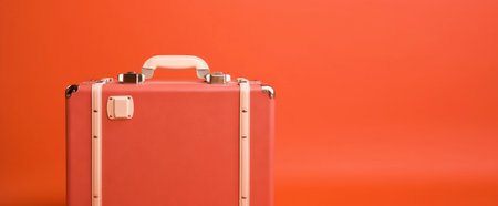 Red travel suitcase, on red background. Trip concept. Generative AI.の素材