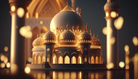 Mosque at night with glowing lights. Eastern architecture concept. Ramadan Kareem. Generative AI.の素材