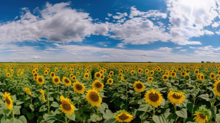 Panoramic field of sunflowers with blue sky on sunny day. Generative AI.の素材