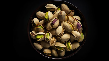 Pistachios in bowl on dark background. Nuts. Green fresh inshell pistachios. Generative AI.の素材