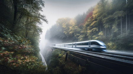 Speed passenger train moving in the mist mountains covered with forest. Generative AI.の素材