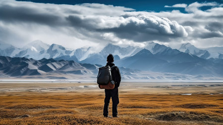 Explorer stand in front of high mountain peak landscape. Generative AI.の素材