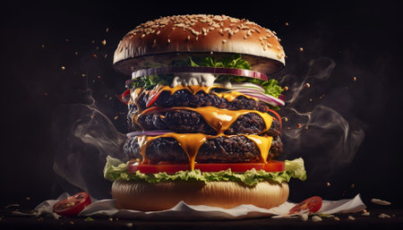 Super delicious hamburger with fresh vegetables on dark background. Generative AI.の素材