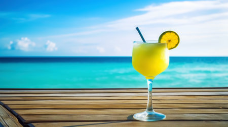 Classic Margarita cocktail on background with blue sea and sky tropical background. Generative AI.の素材