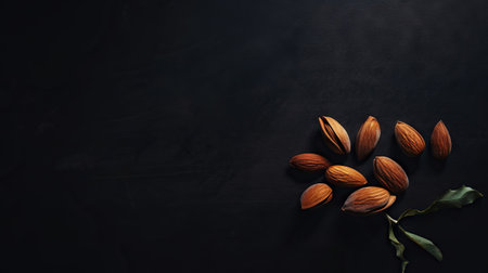 Group of raw peeled almonds on dark background. Generative AI.の素材