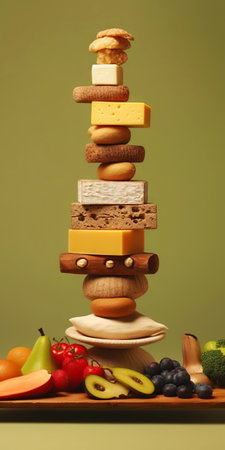 Equilibrium food balance diet concept. Balancing pyramid or tower of fruits. Generative AI.の素材