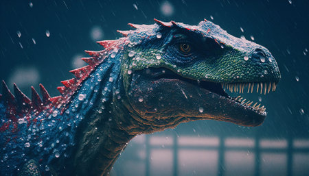Closeup on head with sharp teeth of carnivorous dinosaur. Prehistoric predator. Generative AI.の素材